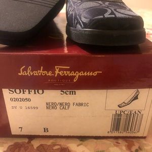 Salvatore Ferragamo, black wedge heels, size 7, new in the box